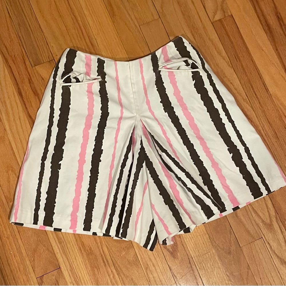 Vintage 60s / 70s Brown White & Pink Striped Pleated Shorts / Sportswear Skort - Picture 2 of 9